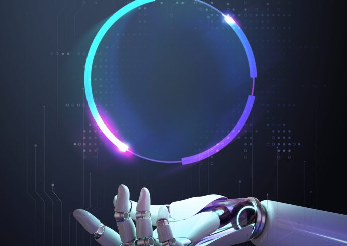 AI robot frame technology, abstract futuristic tech design with blank space